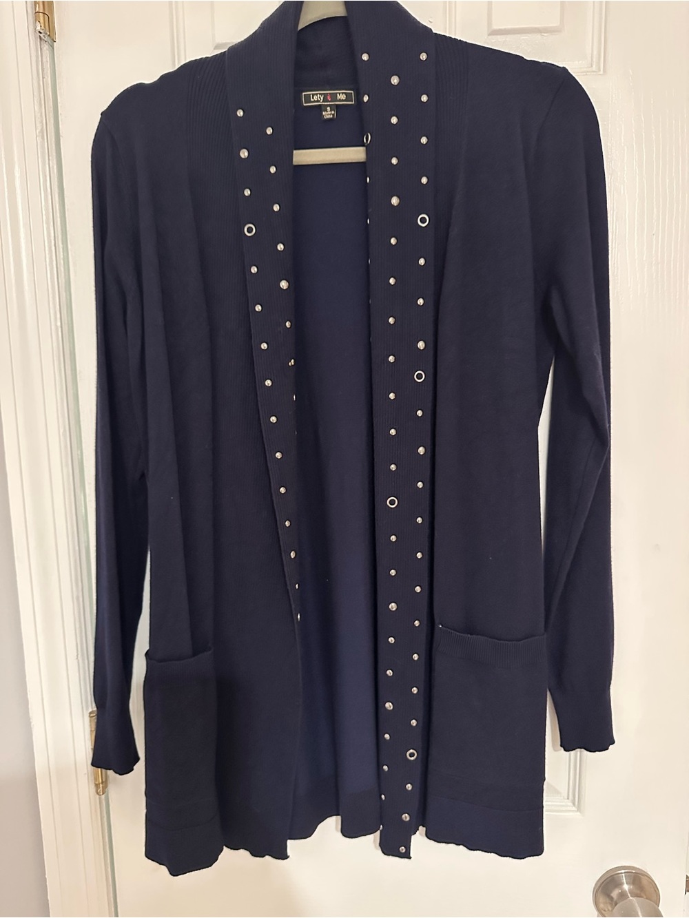 Lady & Me Navy Stud-Trim Open Cardigan